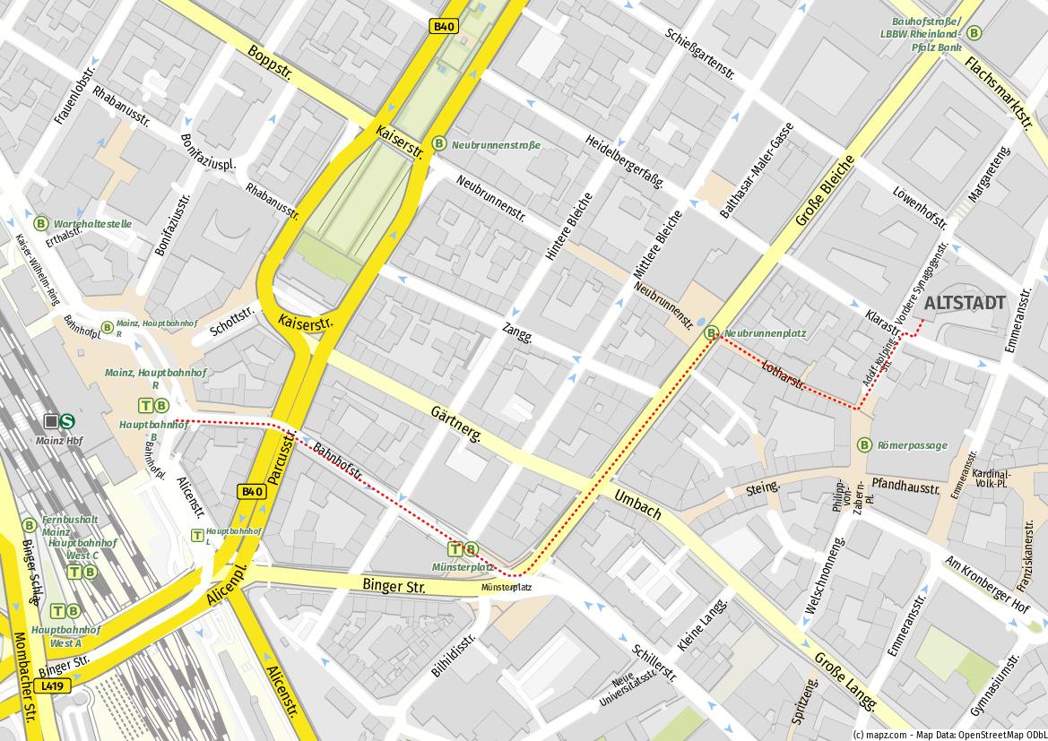 Ausschnitt aus dem Mainzer Stadtplan mit eingezeichnetem Weg zu Fuß vom Hauptbahnhof zum SVRP
