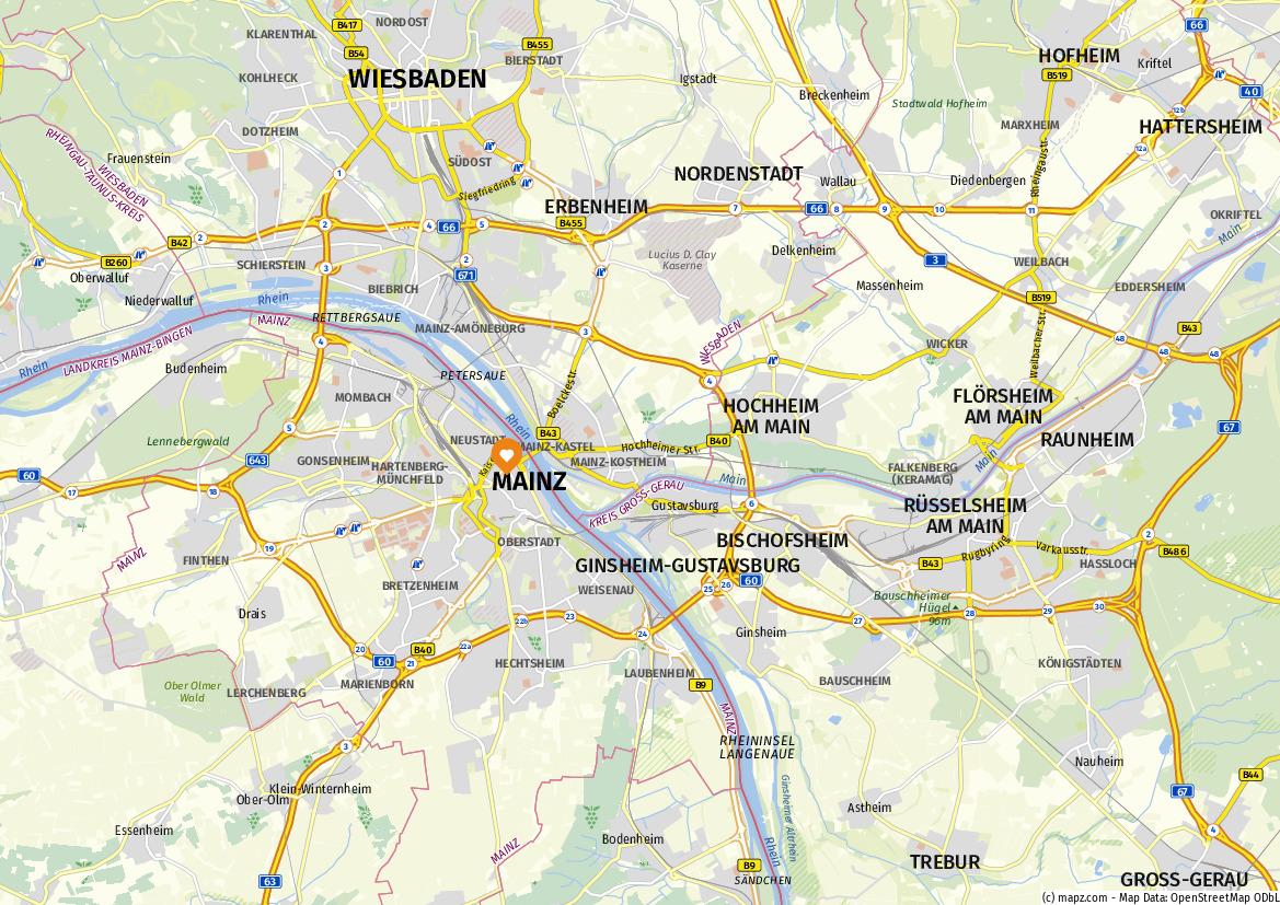 Ausschnitt einer Autokarte, Mainz-Wiebaden, mit Anfahrt Mainzer Ring zum SVRP