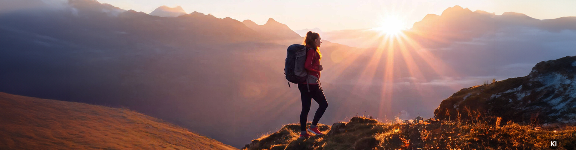 Bergpanorama mit Wanderin auf Gipfel im Sonnenuntergang.