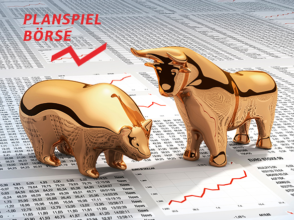 Goldene Bulle-Bär-Figuren stehen auf Aktienkursblättern; mit der Bildbeschriftung: Planspielbörse