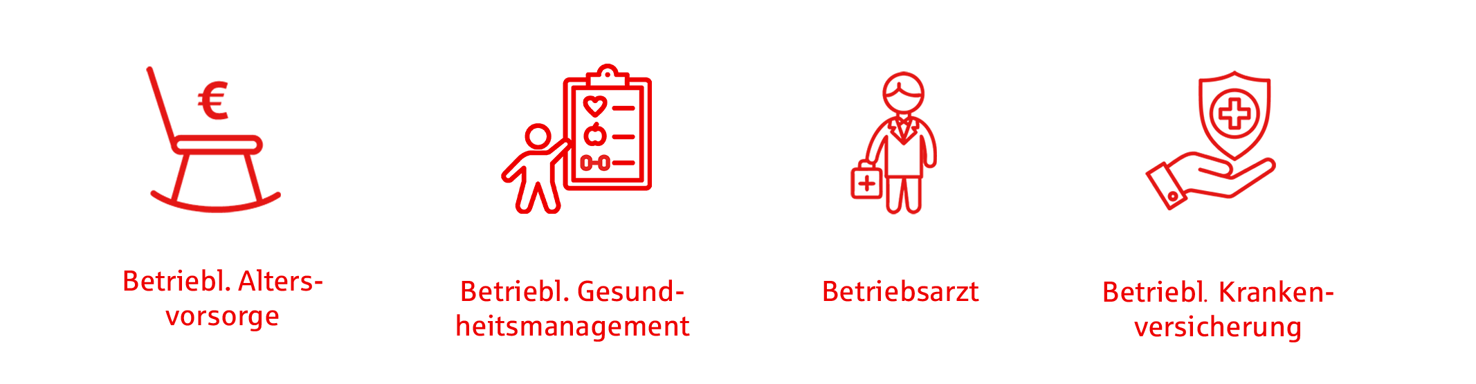 
        Collage mit Icons zu Betriebsbenefits: Betriebliche Altersvorsorge, betriebliches Gesundheitsmanagement, Betriebsarzt, betriebliche Krankversicherung
    