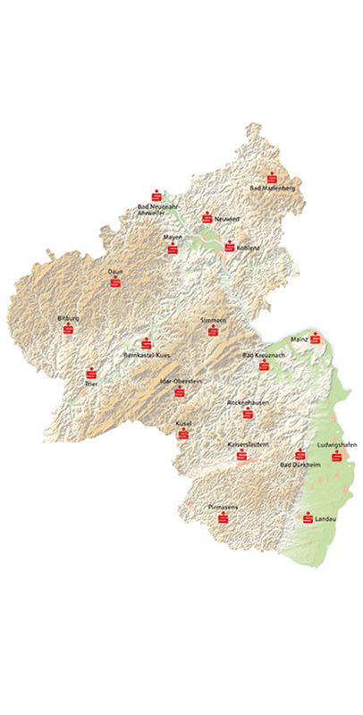 Rheinland-Pfalz-Karte mit den Hauptstellen der 20 rheinland-pfälzischen Sparkassen