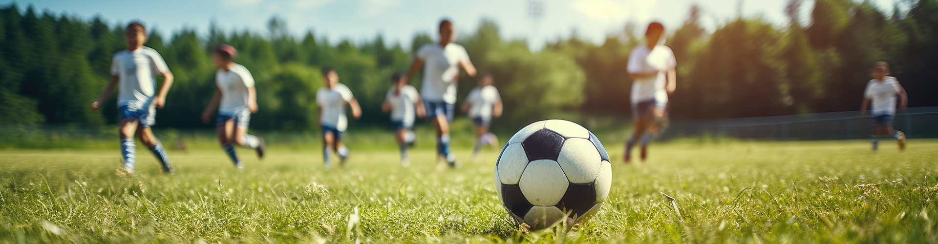 Gruppe von Kindern spielt Fußball auf einem Rasenplatz