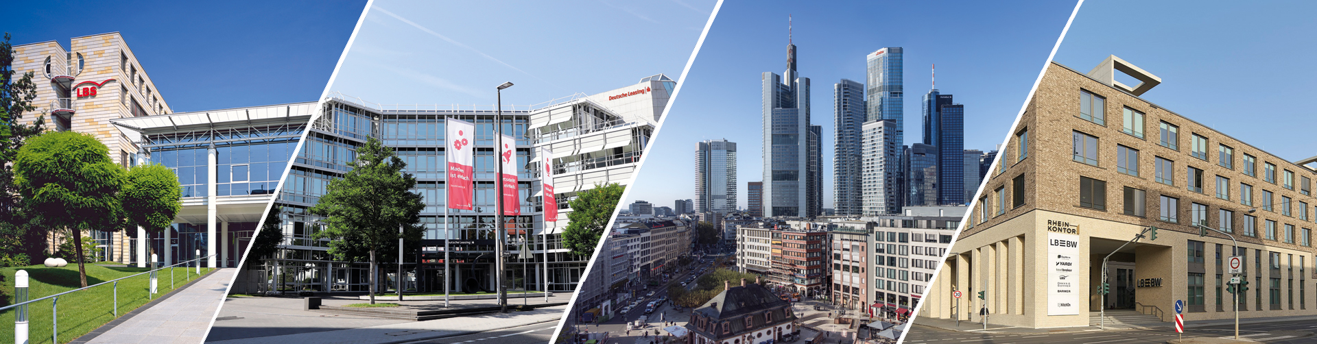 Bildcollage: Gebäude der Verbundpartner LBS Süd, Deutsche Leasing, Deka und LBBW.
