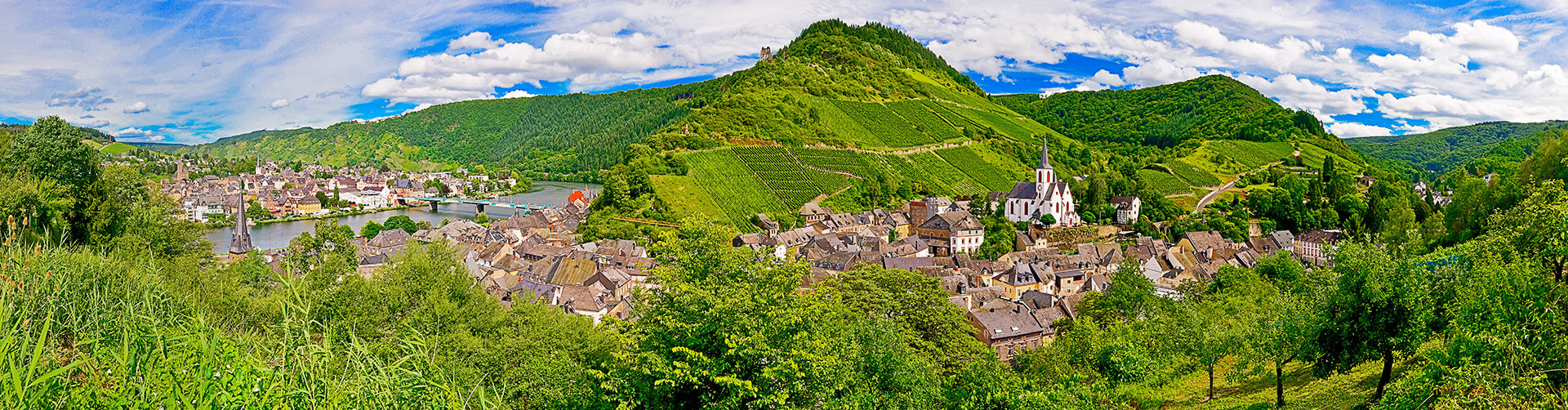 ein Bergrücken mit Weinhängen im Sonnenschein, ein Fluss mit einer Brücke und Ortschaften am Fluss